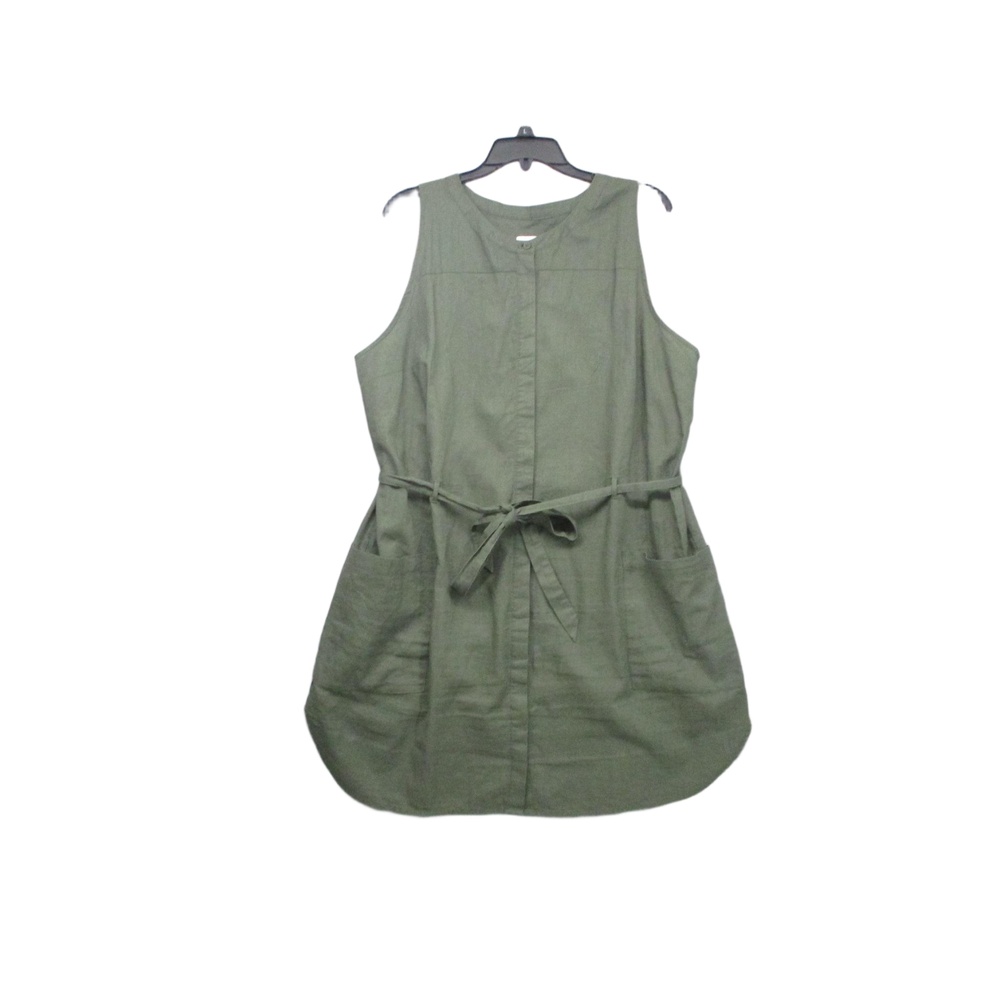 A New Day Olive Green Linen Blend Shift Dress Waist Tie Pocket Womens Size XXL